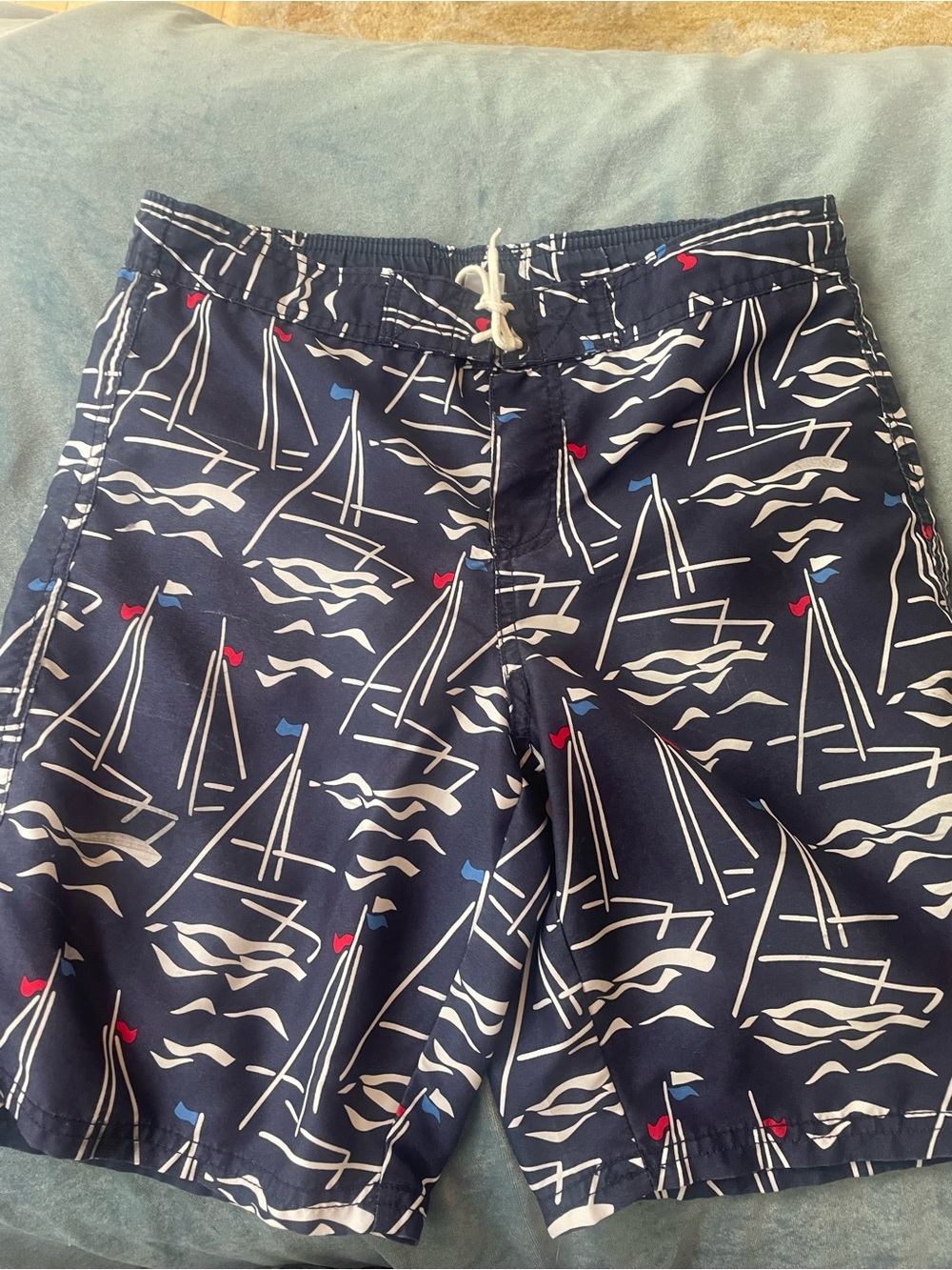 Janie and Jack Navy and White Sail Print Swim Shorts with Red Accent